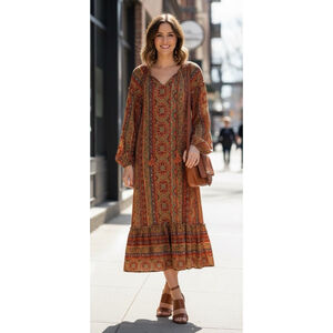 Easel Floral Ruffled Boho Chic Midi Dress Small Cottagecore Peasant Fall Autumn